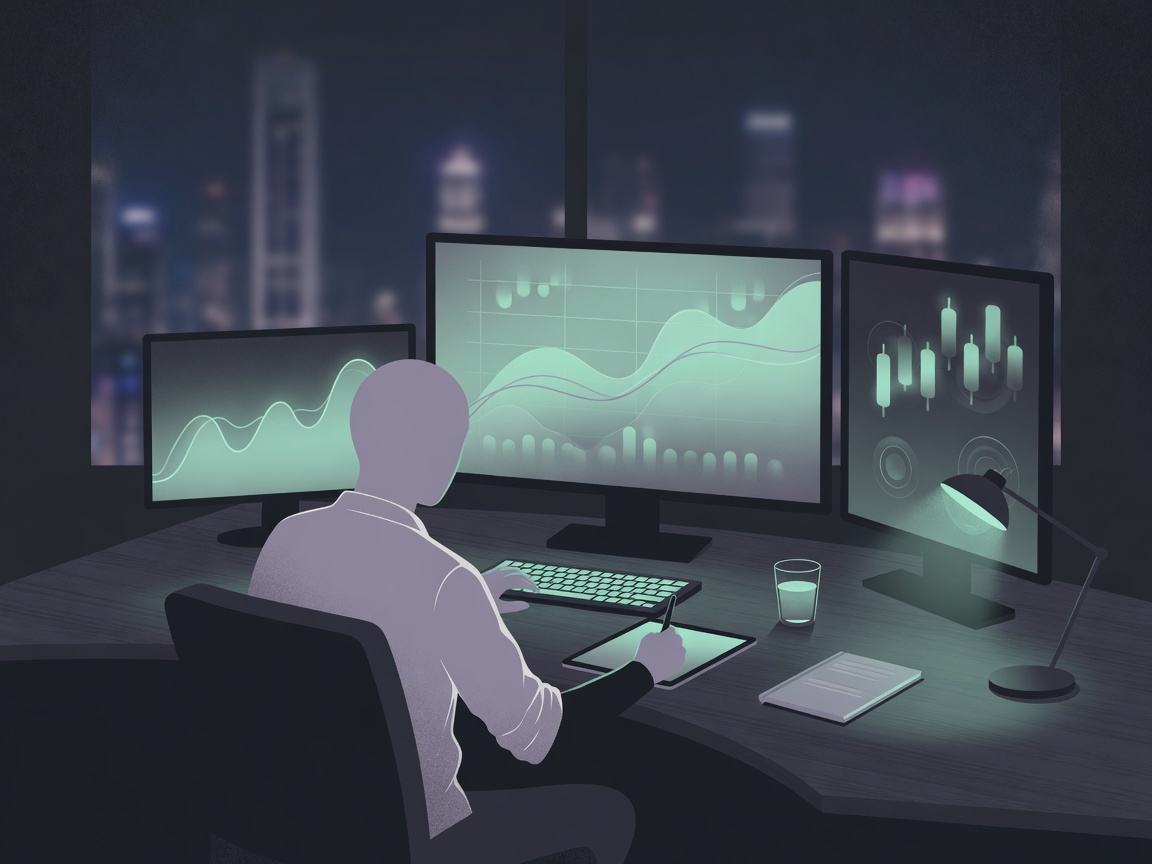 Financial analyst at multi-monitor desk