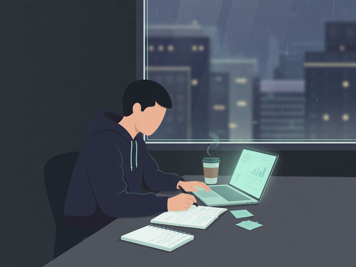 Founder working late with laptop and notes