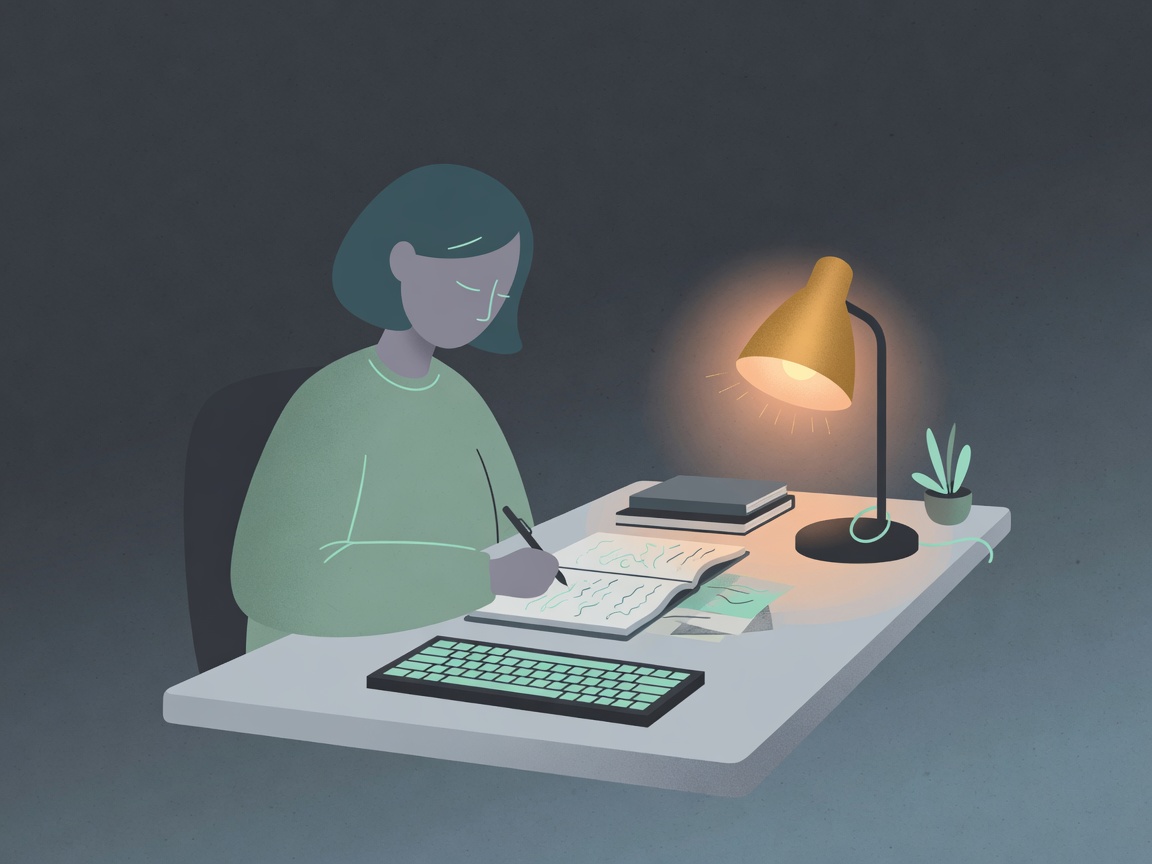 Writer at desk with notebook and lamp